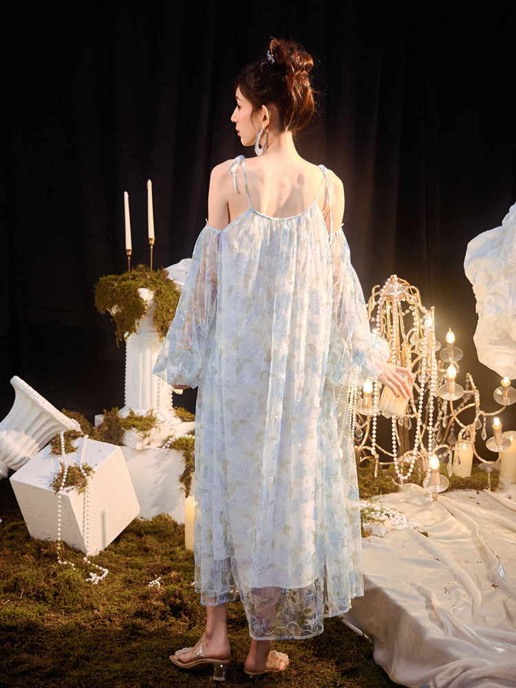 DOLLY Elegant Blue French Style Floral Off Shoulder Loose Glitter Resort Dress-TEE