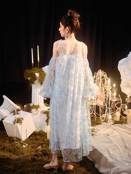 DOLLY Elegant Blue French Style Floral Off Shoulder Loose Glitter Resort Dress-TEE