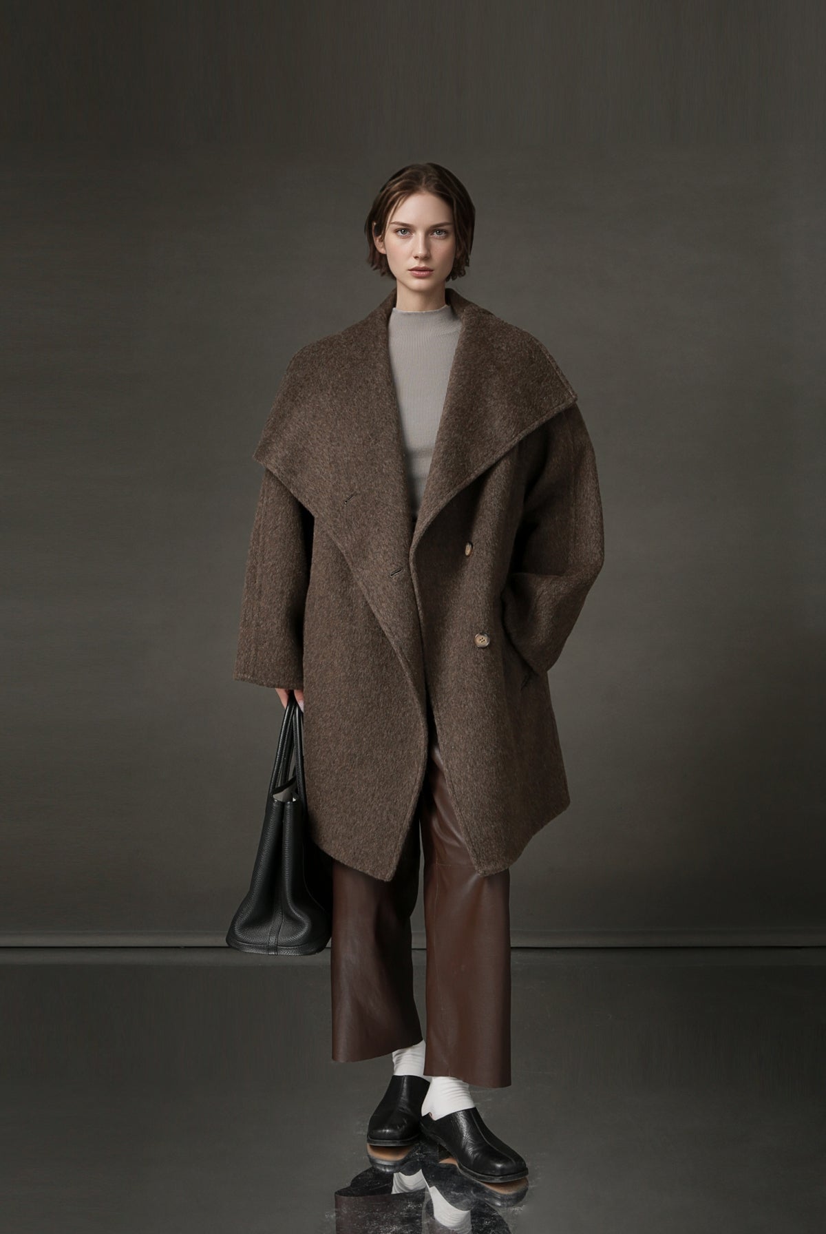PIAOIN European collar design high-end double-sided wool tweed coat -BLOSSOM