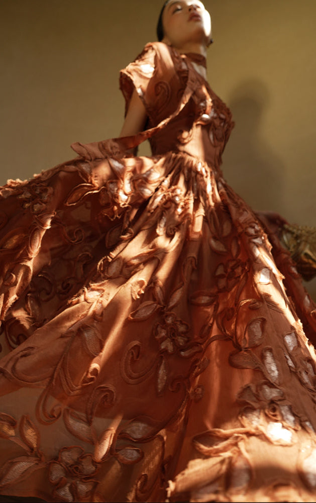 LE VENT&TES AILES Luxury French Disc Embroidered Sequin 3d Vintage brown Dress - LINA