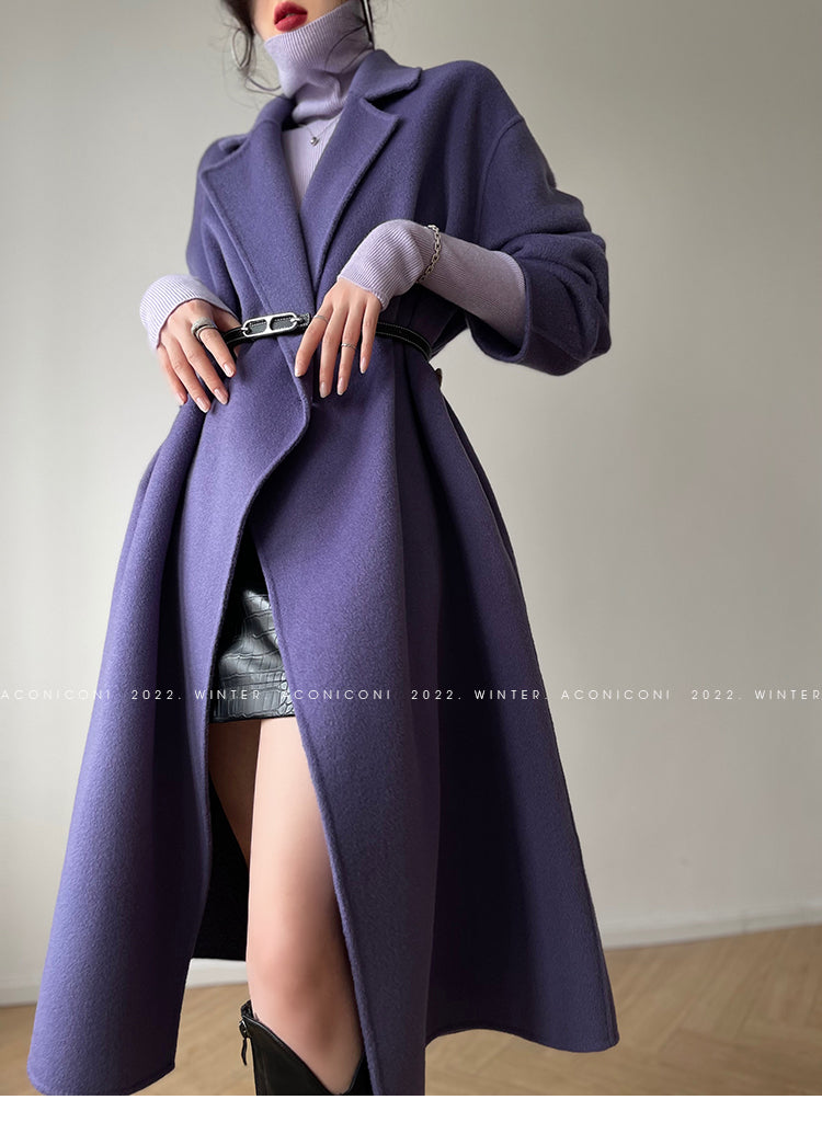 Aconiconi Luxury Purple Lapel Long Sleeve Long Straight Winter Coat- Taro
