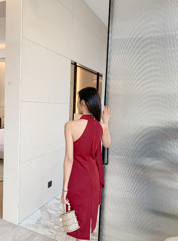 DOLLY Elegant Stand Collar Sleeveless Ruffle Midi Business Dinner Dress-RAINA