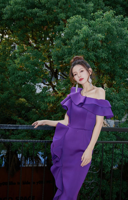 DOLLY Elegant Purple Ruffled Off Shoulder High Waist Midi Ruffle Dress-AKARI