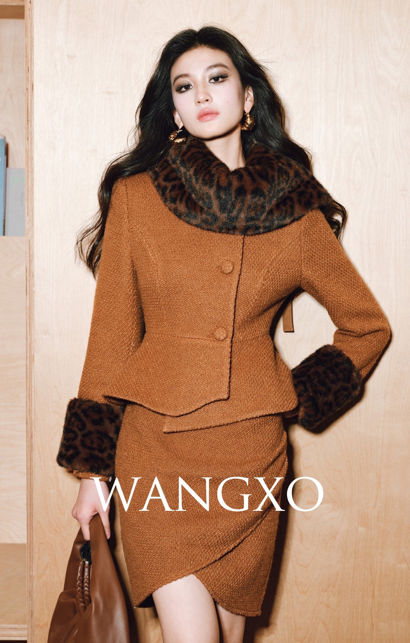 WANGXO | Detachable Leopard Sleeves Ruffle Hem Jacket & Flower Bud Skirt Set-NOYA.