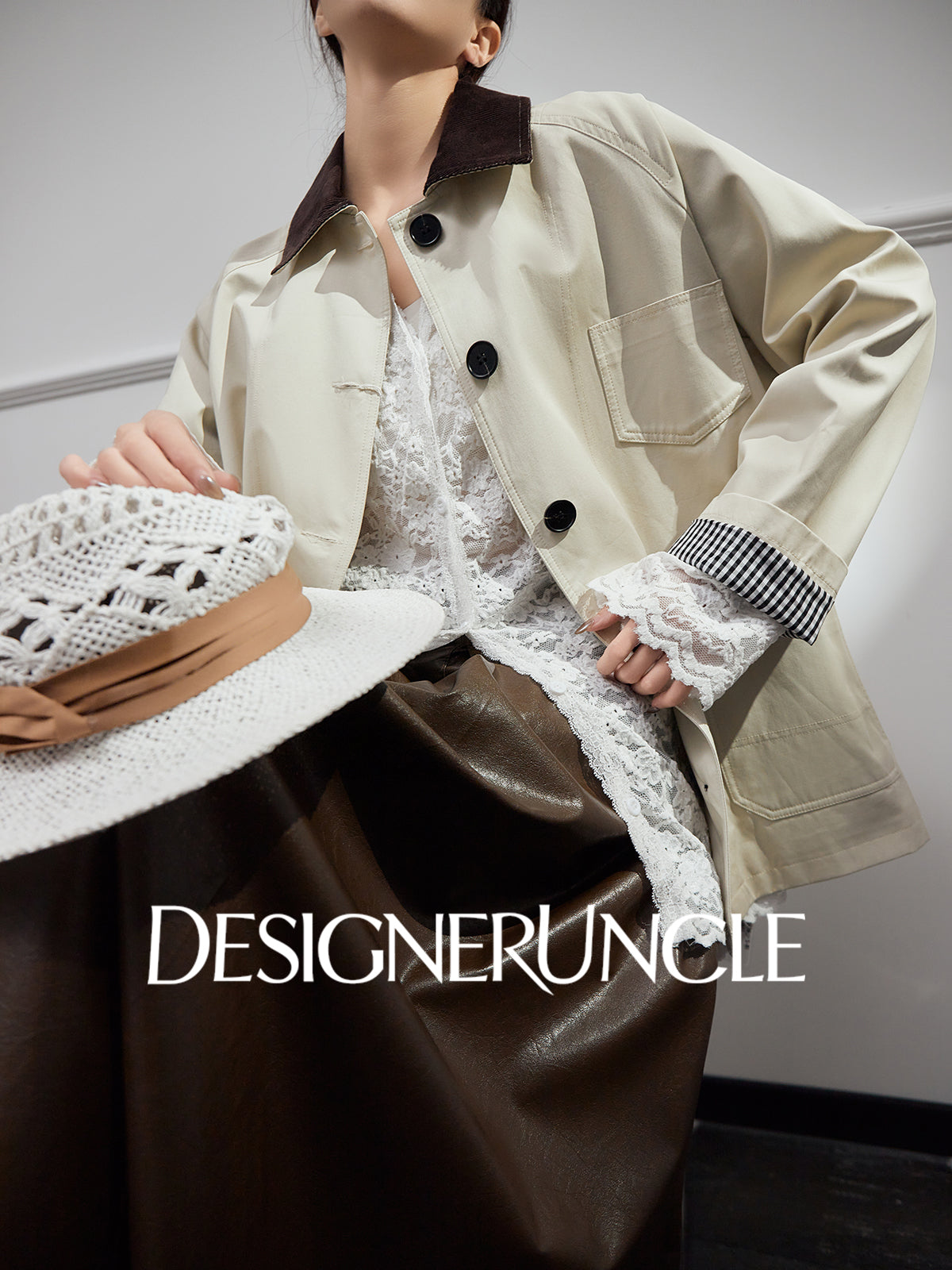 DGU| Off-white trench niche design plaid patchwork lapel long-sleeved jacket - PRAISES.