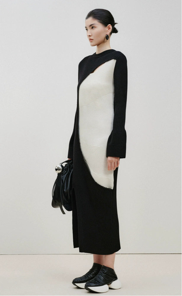 ZHUCHONGYUN Color Blocking Design Long Skirt Knitted Dress-STAN.