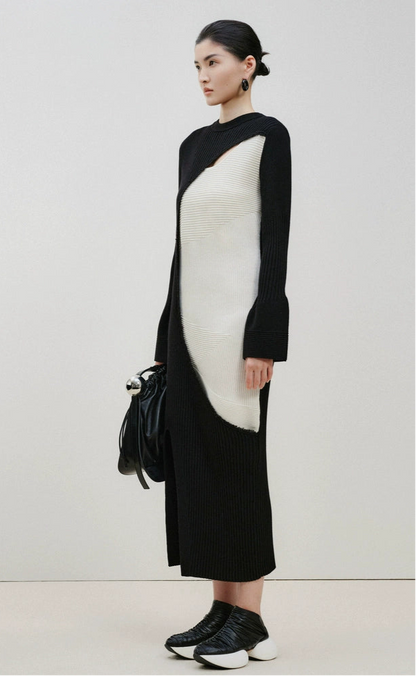 ZHUCHONGYUN Color Blocking Design Long Skirt Knitted Dress-STAN.