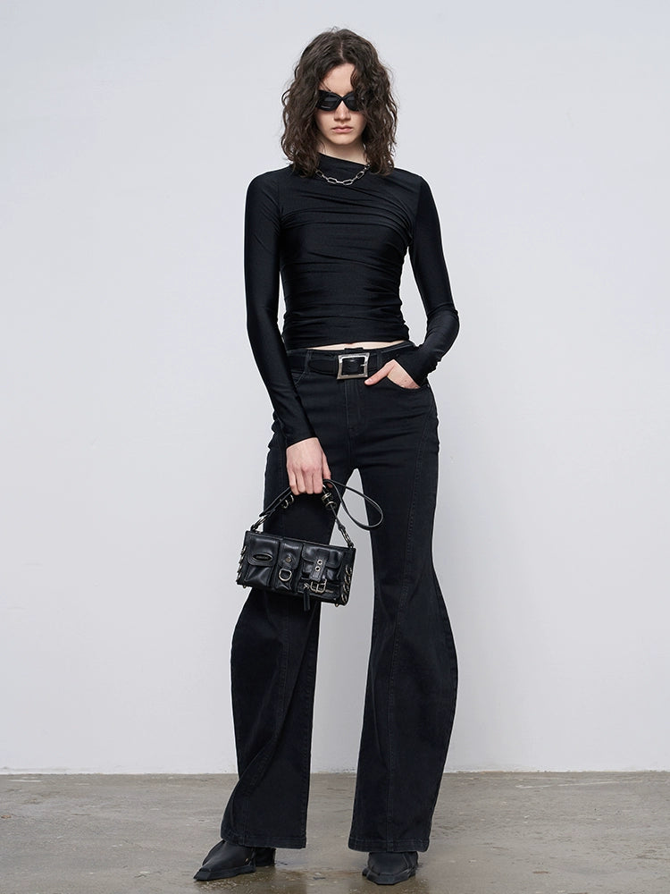 ANNAKIKI black pleated texture long-sleeved  top for women-VENUS