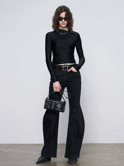 ANNAKIKI black pleated texture long-sleeved  top for women-VENUS