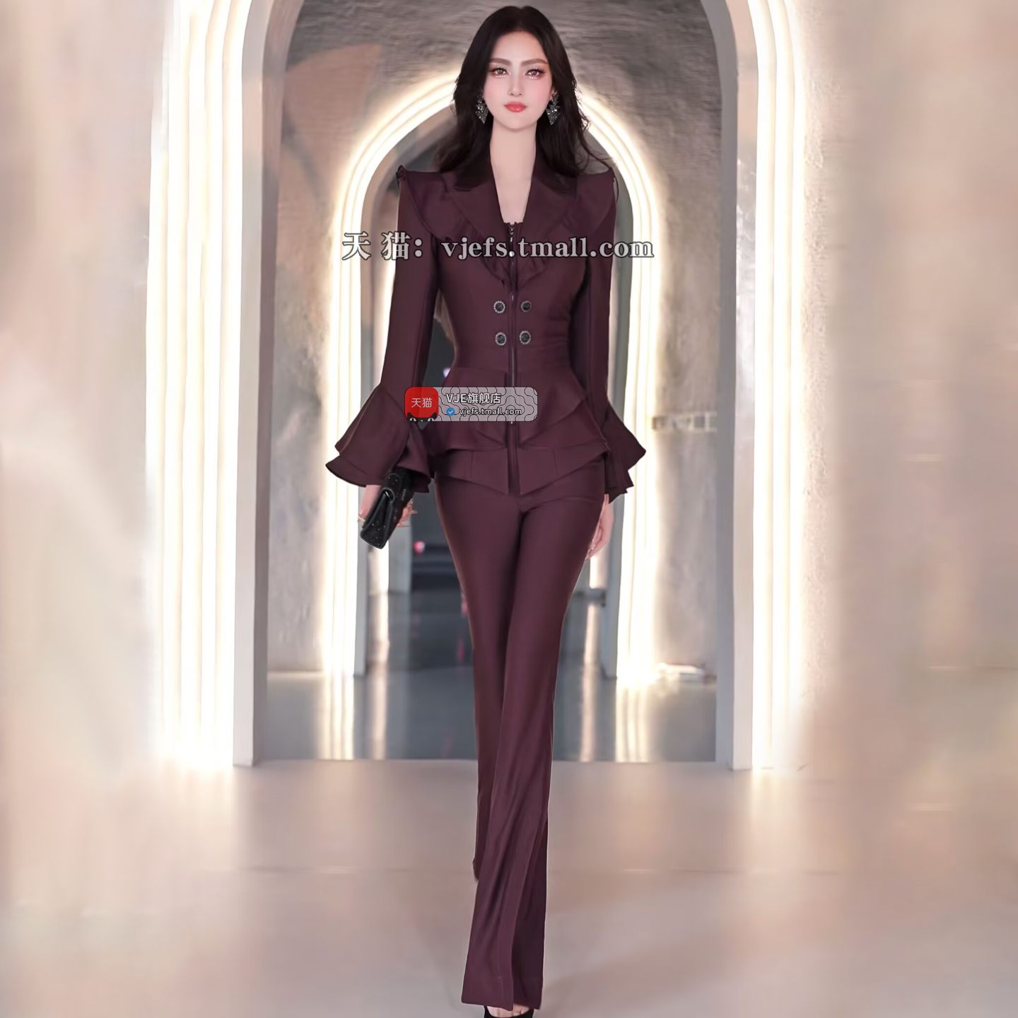 VJE  slim ruffled flared pants two-piece suit set - KINK.