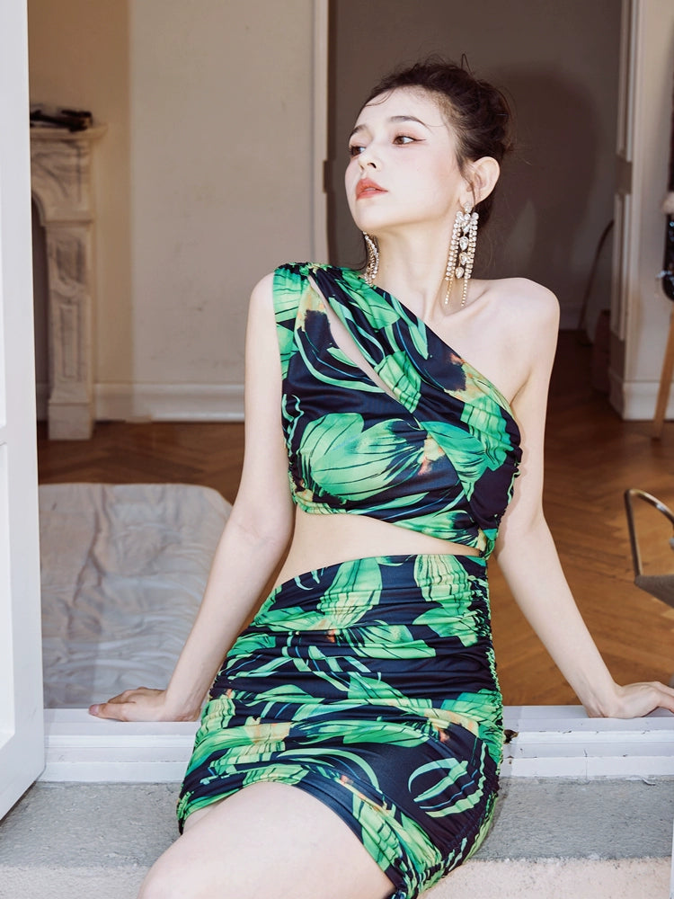 DOLLY High End Green Flower Print Sleeveless Off Shoulder Hip Wrap Pleated Dress-ISA