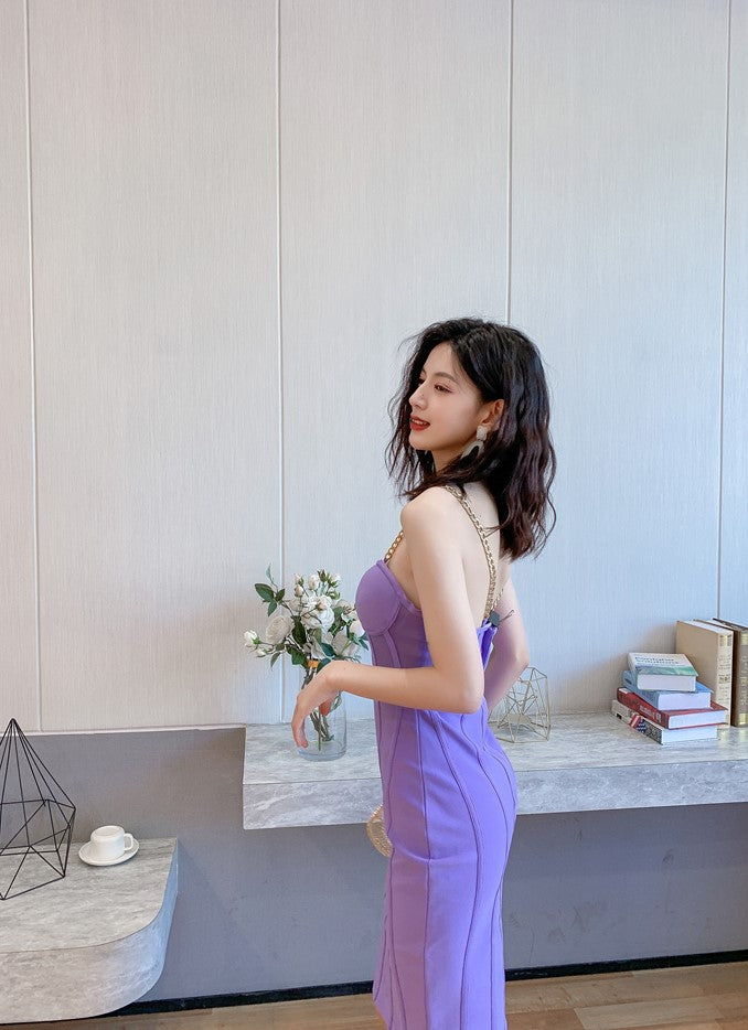 DOLLY Elegant Purple Sleeveless Corset Backless Hip Wrap Mesh Party Dress-BABA