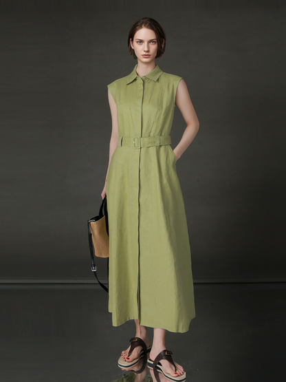 PIAOIN minimalist 100% linen sleeveless belted midi green pastel blue shirt dress -EVELYN.