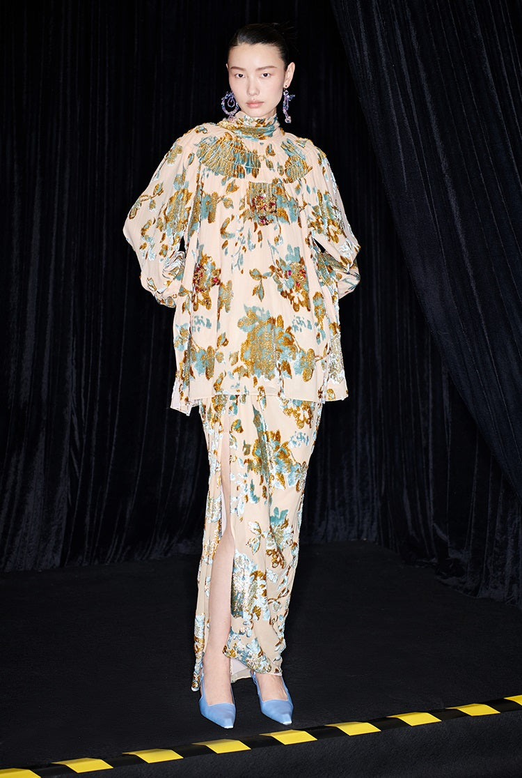 M essential Mackay designer Qili burnt floral velvet dense pleated lace-up loose top - PETER.