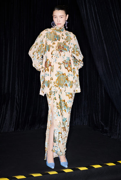 M essential Mackay designer Qili burnt floral velvet dense pleated lace-up loose top - PETER.