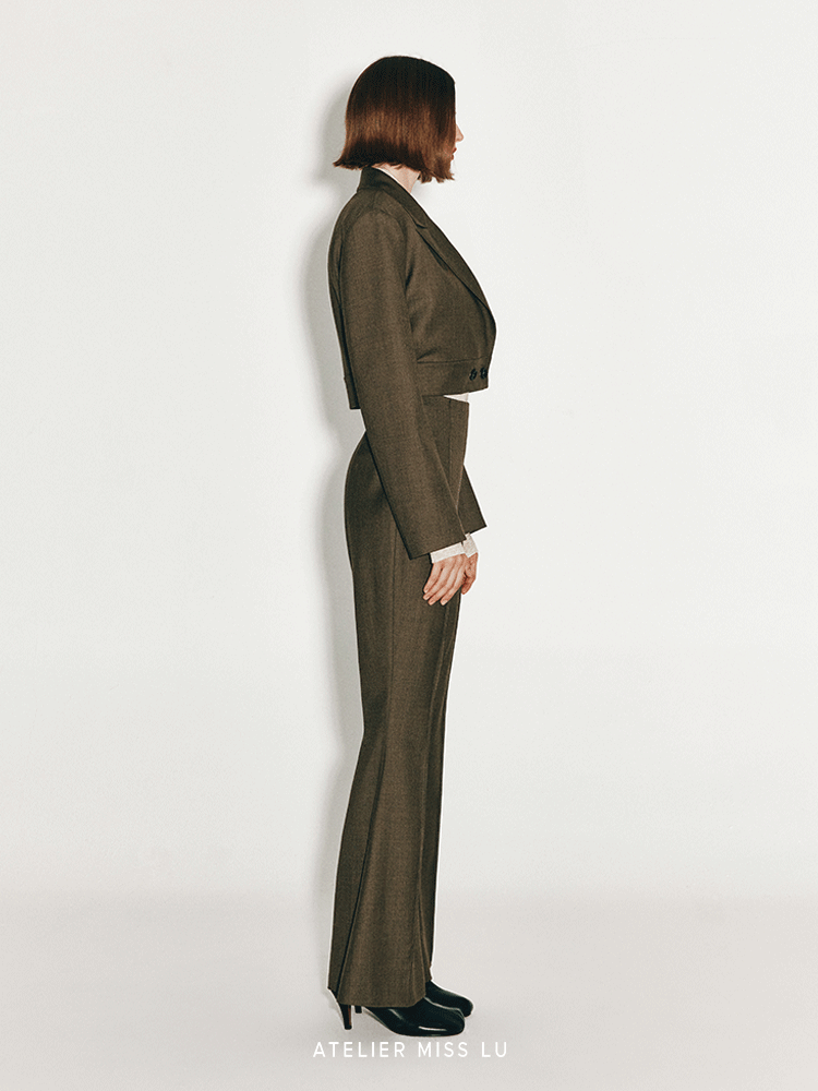 ATELIER MISS LU Button-down Hem Straight Wool Cropped Suit - JECOR.