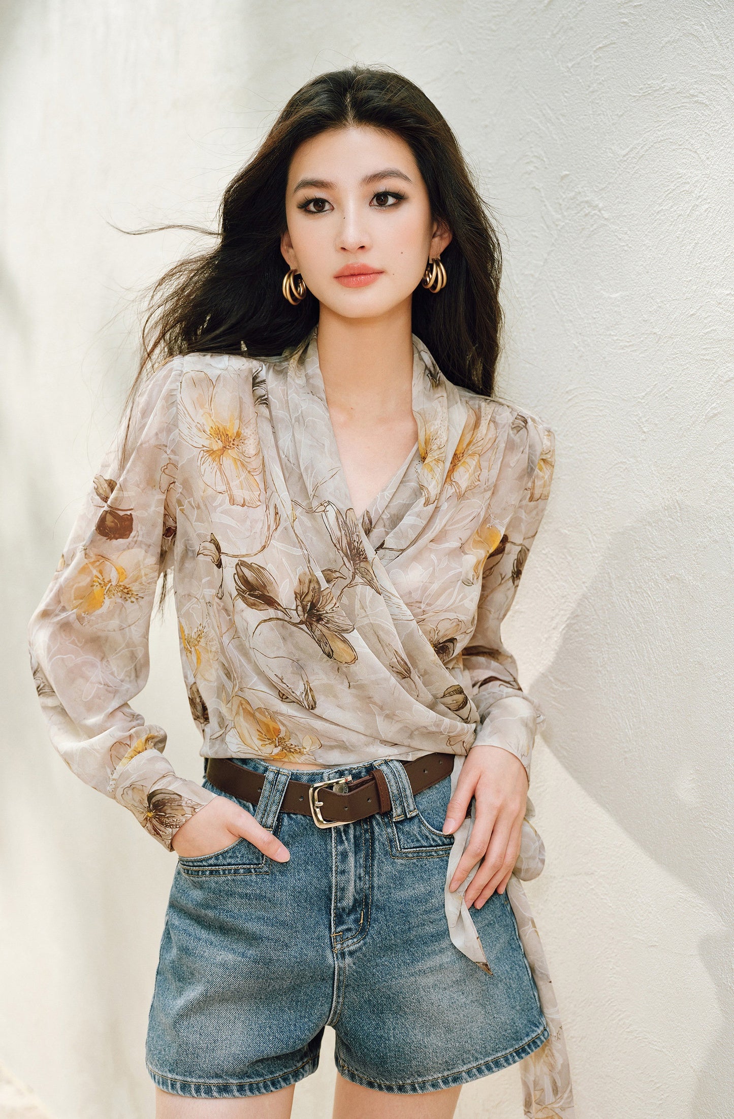 WANGXO | Silky Drape Smooth Georgette Vine-Inspired Geometric Print Entwined Twisted Shirt  -LYRA