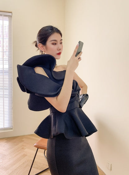 DOLLY Elegant French Style Off Shoulder Ruffle Short Top+ High Waist Skirt-LOIS