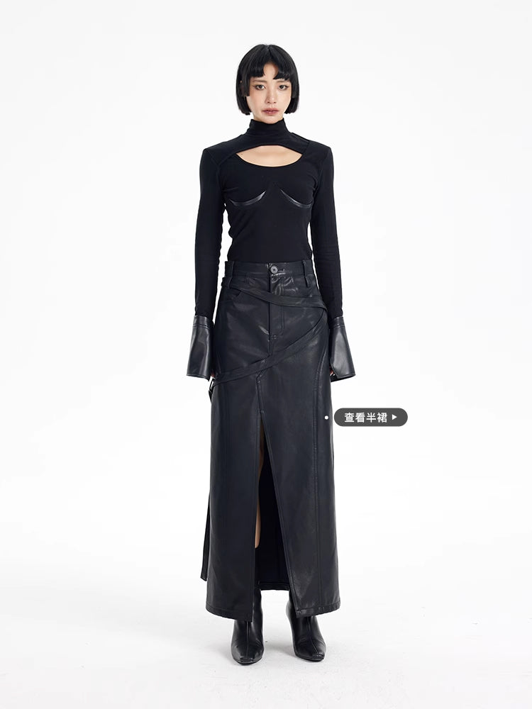 TINY IN black knit PU leather cuff top - SONO.