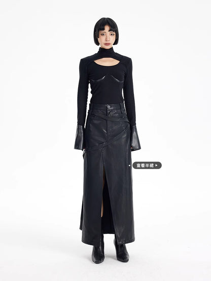 TINY IN black knit PU leather cuff top - SONO.