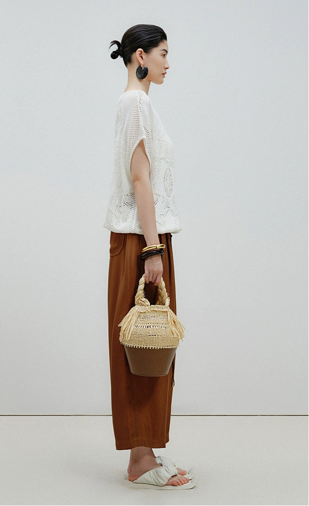 ZHUCHONGYUN coffee brown hand-woven belt cropped pants-TODOROKI.