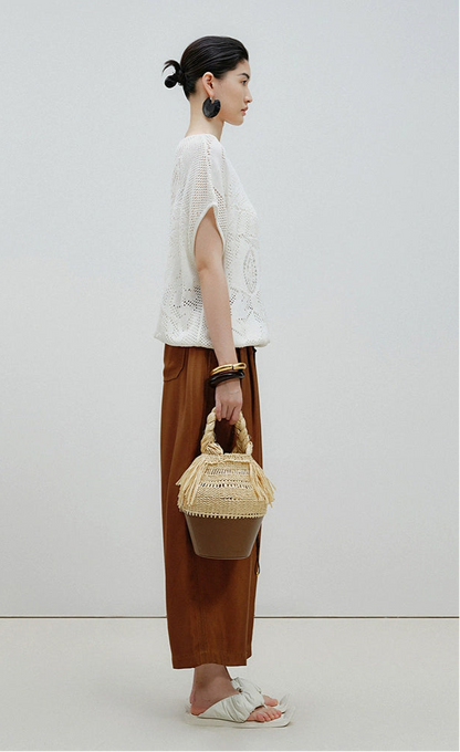 ZHUCHONGYUN coffee brown hand-woven belt cropped pants-TODOROKI.