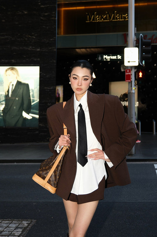 MEI SANGUAN Coffee Single-Breasted Blazer & Culottes Three-Piece Set - ADA
