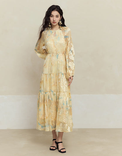 HECO silk peony burnt flower pendulum long-sleeved dress women - healer.