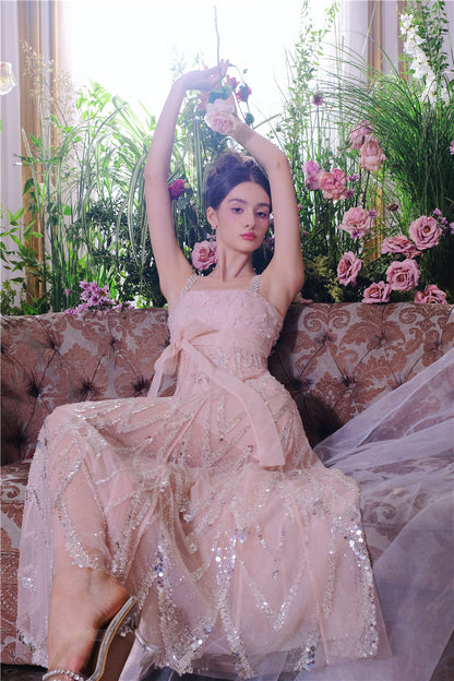 Wardrobes by Chen Luxury Fog Pink Round Neck Sleeveless Chiffon Dinner Dress-Nini