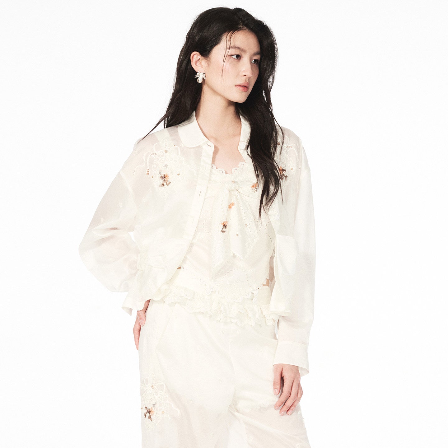 FAME rococo embroidered beaded temperament long-sleeved shirt - ELIJAH