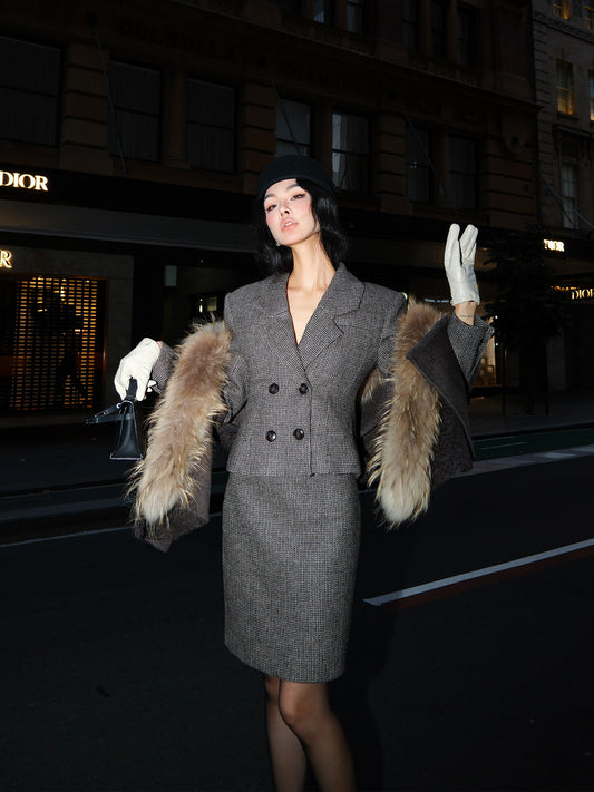 MEI SANGUAN Coffee Plaid Blazer & Midi Skirt Suit - OLIVIA