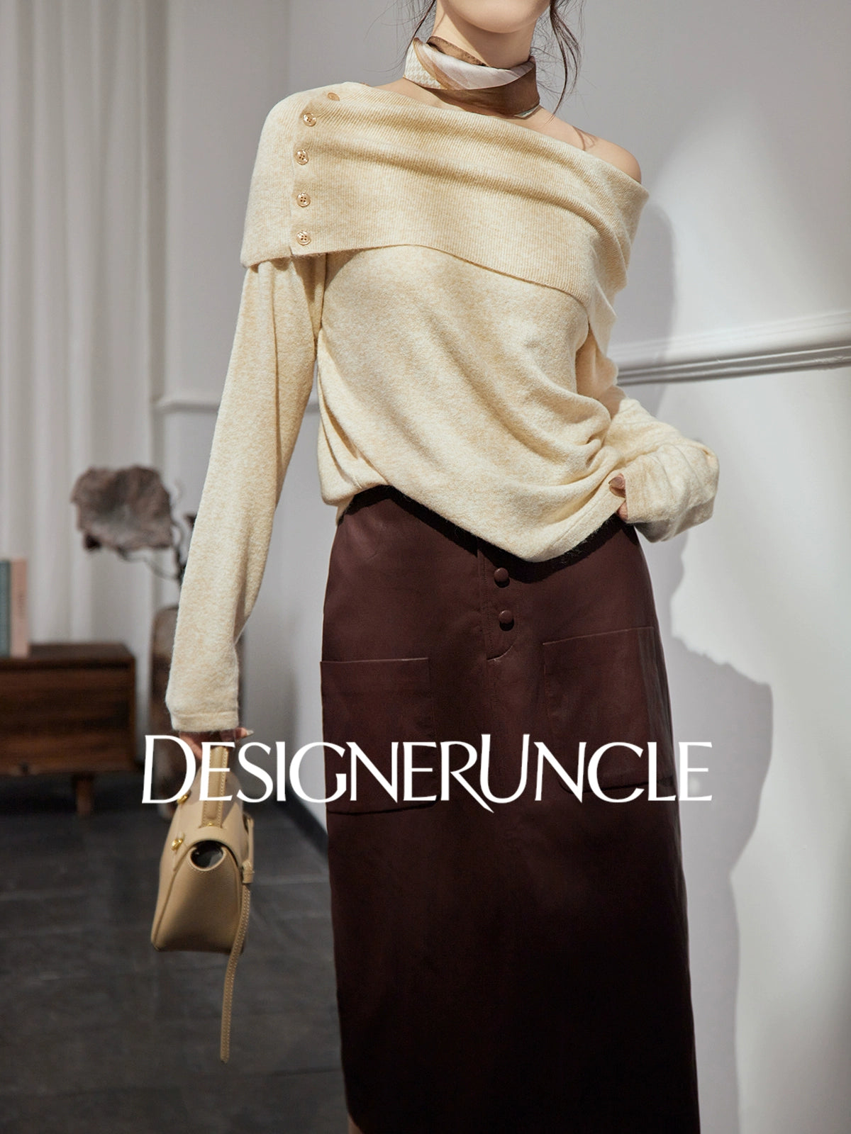 DGU| Dark gray knitted striped slanted shoulder buttons loose design pullover top - Joseph.