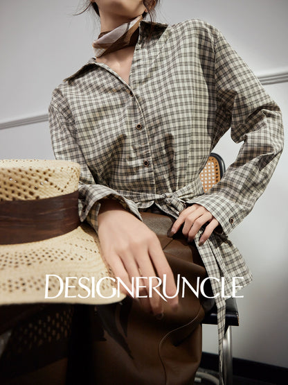 DGU|Coffee knitted sweater new plaid Korean design waist slimming long-sleeved top - STAND.