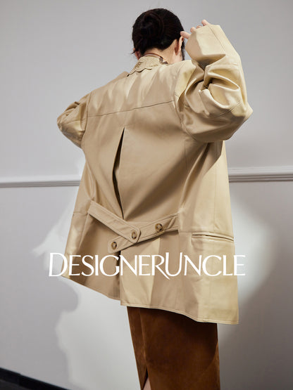 DGU|Beige jacket design sense niche temperament simple loose lapel cropped top - Stephania.