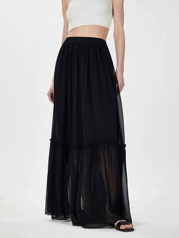 NOTHING WRITTEN fixed spinning silk micro sheer mesh elastic waist long skirt-HAZEL.