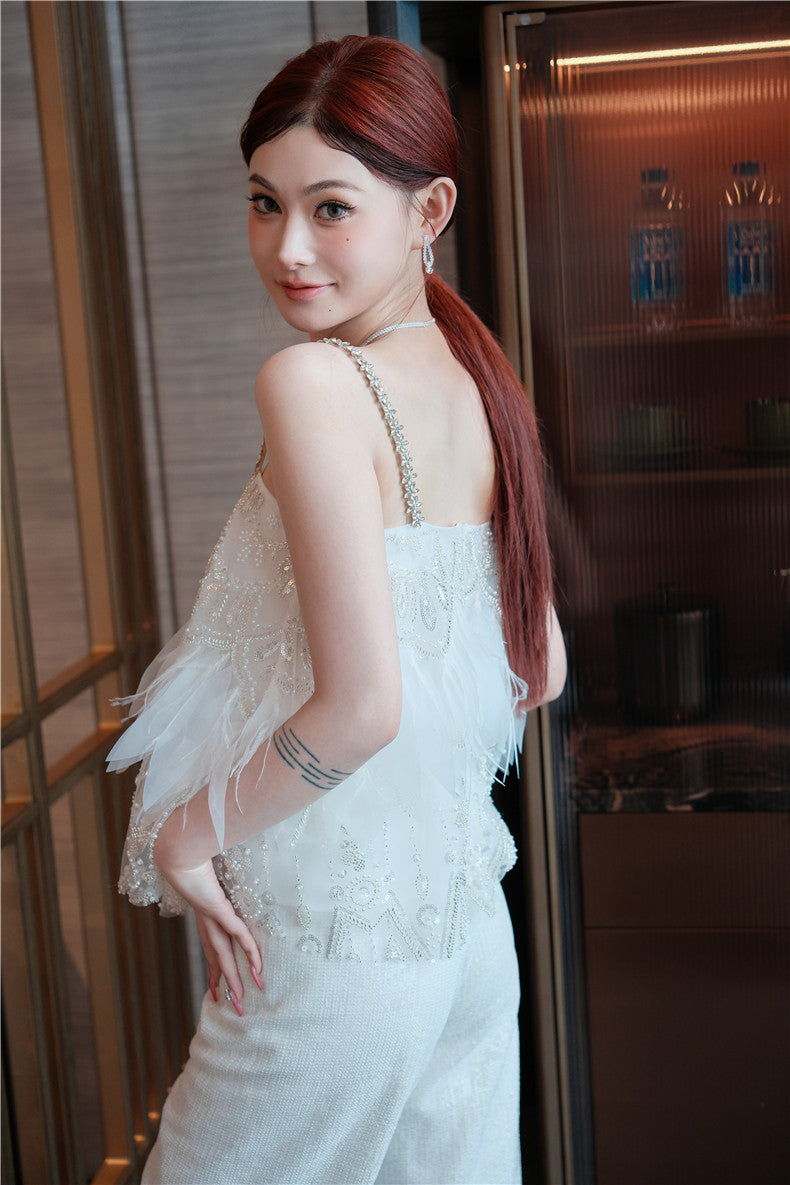 Wardrobes by Chen White sequin Strap Lace Loose Top High Waist Straight Pant-Lacey