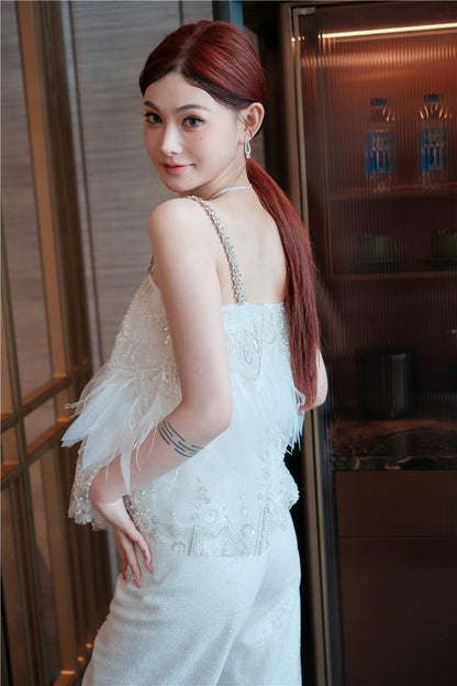 Wardrobes by Chen White sequin Strap Lace Loose Top High Waist Straight Pant-Lacey