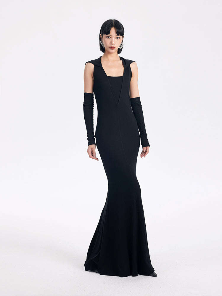 TINY IN sexy hooded backless two-tone fishtail women's dress -ROT