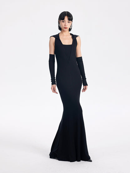 TINY IN sexy hooded backless two-tone fishtail women's dress -ROT