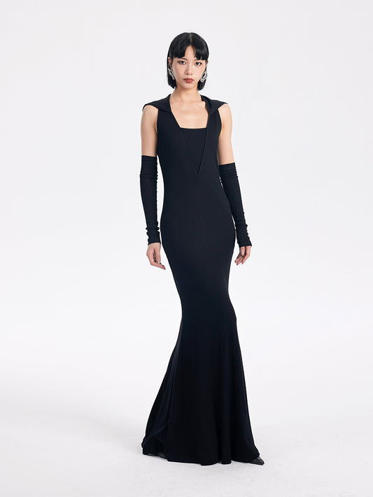 TINY IN sexy hooded backless two-tone fishtail women's dress -ROT