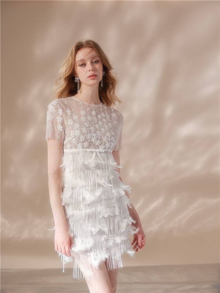 Wardrobes by Chen High End White Fringe Feather Sequin bridal Dress-Ponny