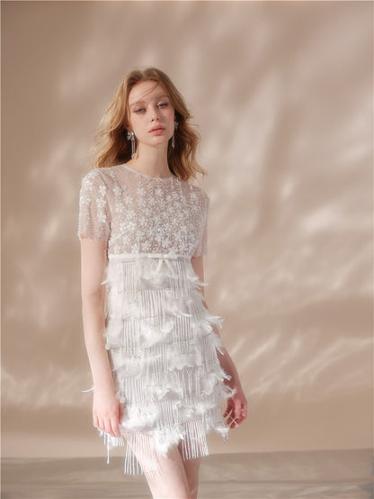 Wardrobes by Chen High End White Fringe Feather Sequin bridal Dress-Ponny