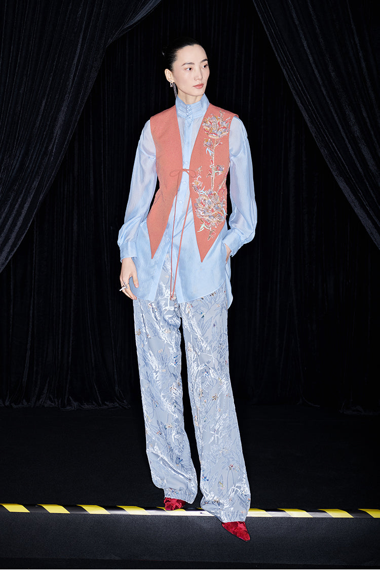 M essential Mackay designer pleated stand-up collar button-down shirt vest pant set - Sunny Hill