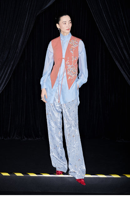 M essential Mackay designer pleated stand-up collar button-down shirt vest pant set - Sunny Hill