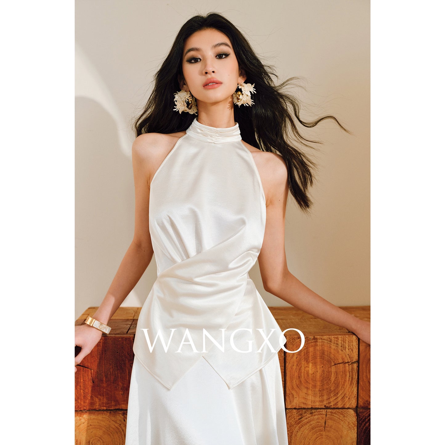 WANGXO | Pearl Lustrous Luxury Gilt Satin  Halterneck Folded Waist Top & High-Waisted Umbrella Skirt Set - ARIA