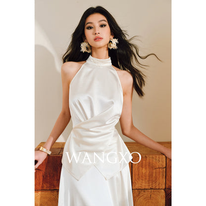 WANGXO | Pearl Lustrous Luxury Gilt Satin  Halterneck Folded Waist Top & High-Waisted Umbrella Skirt Set - ARIA