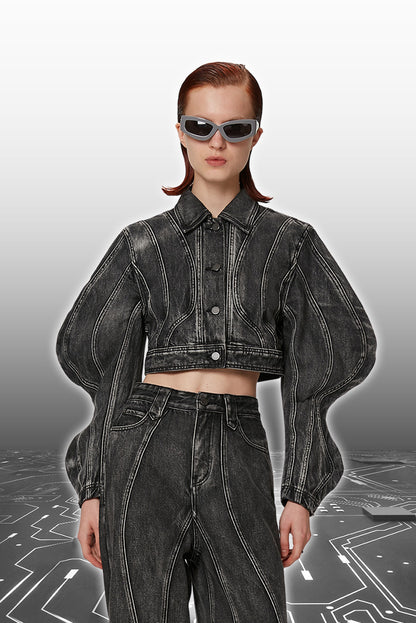 ANNAKIKI  Wave sleeve split denim jacket-MIDORIYA.