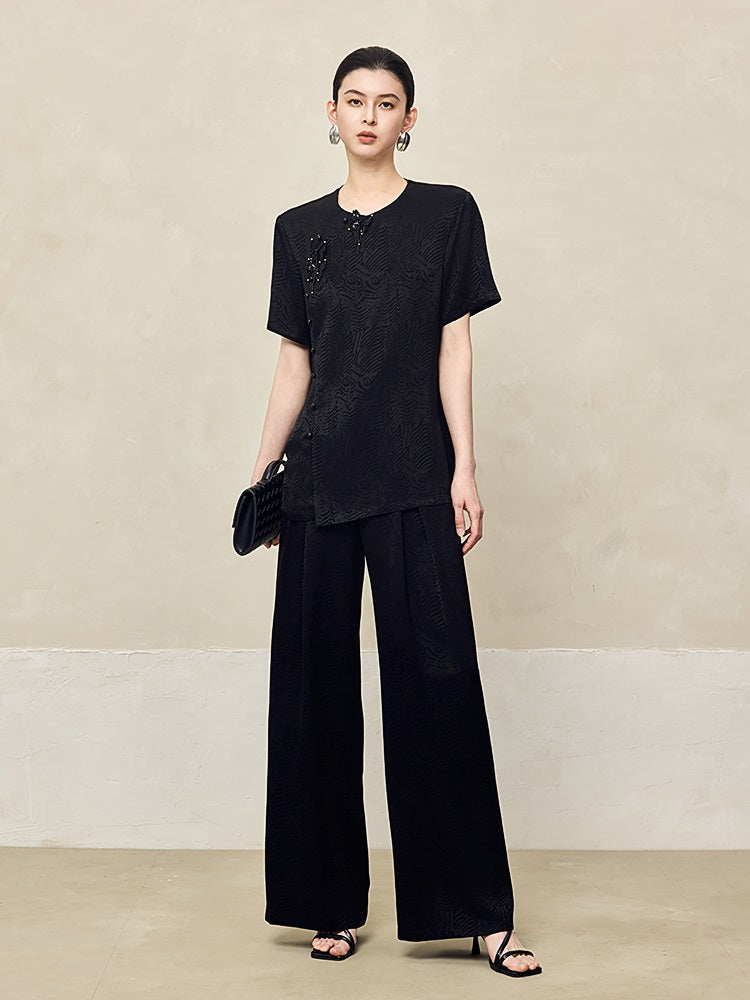 HECO Jacquard Drapy Wide-leg High Waist Casual Black White Pants - COMMAND.