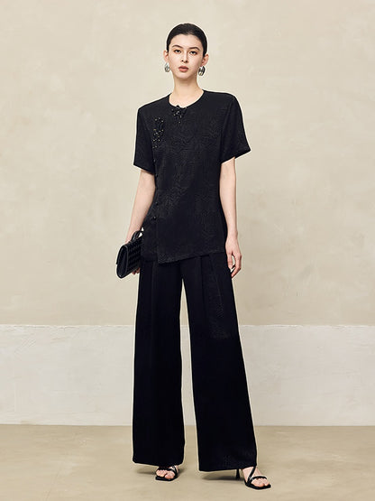 HECO Jacquard Drapy Wide-leg High Waist Casual Black White Pants - COMMAND.