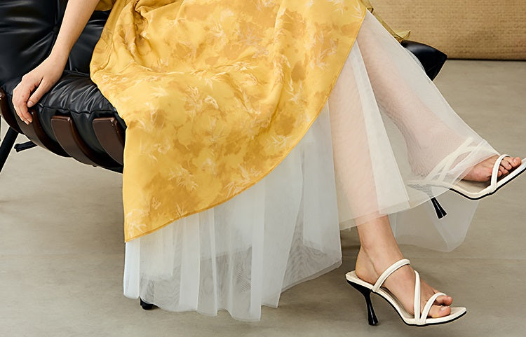 HECO Chinese V-Neck Waist Summer Elegant Floral Stitched Mesh dress - TULIP .